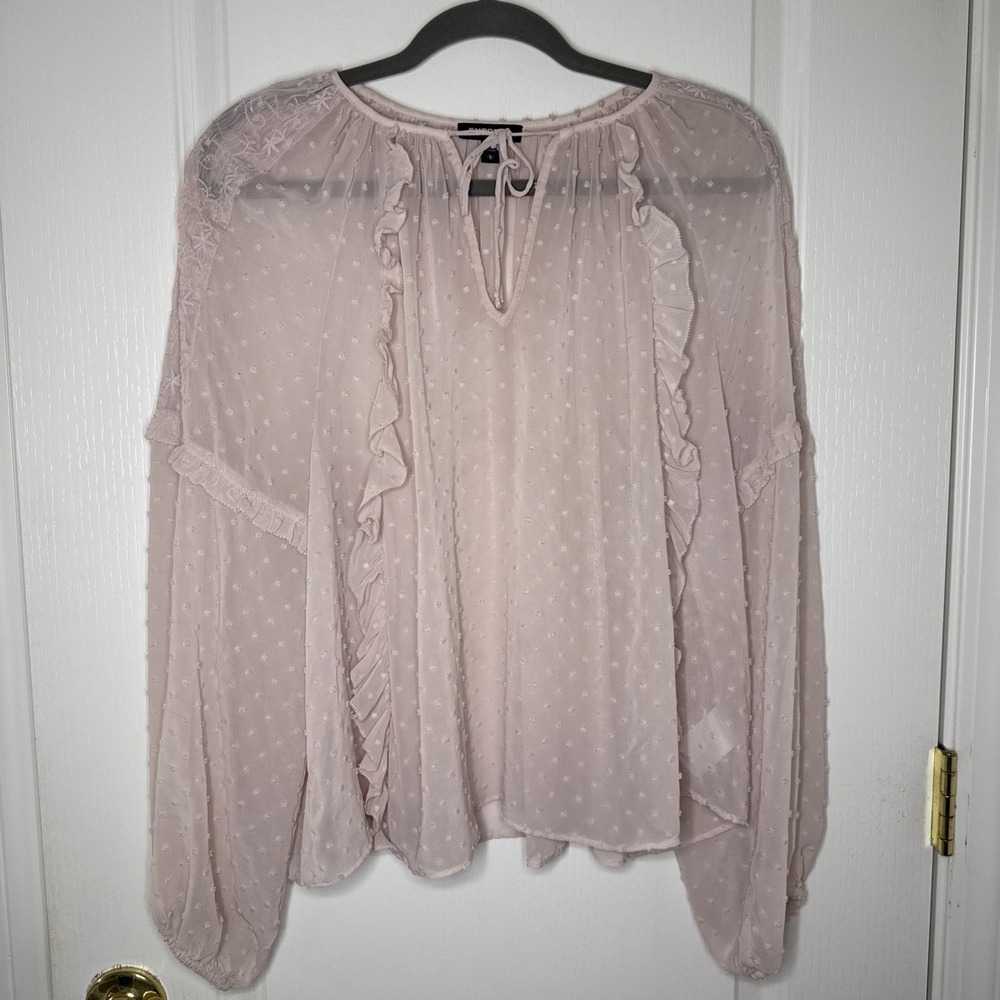 Express Swiss Dot Chiffon Blouse Blush Pink Ruffle Tie Neck Long Sleeve Size L